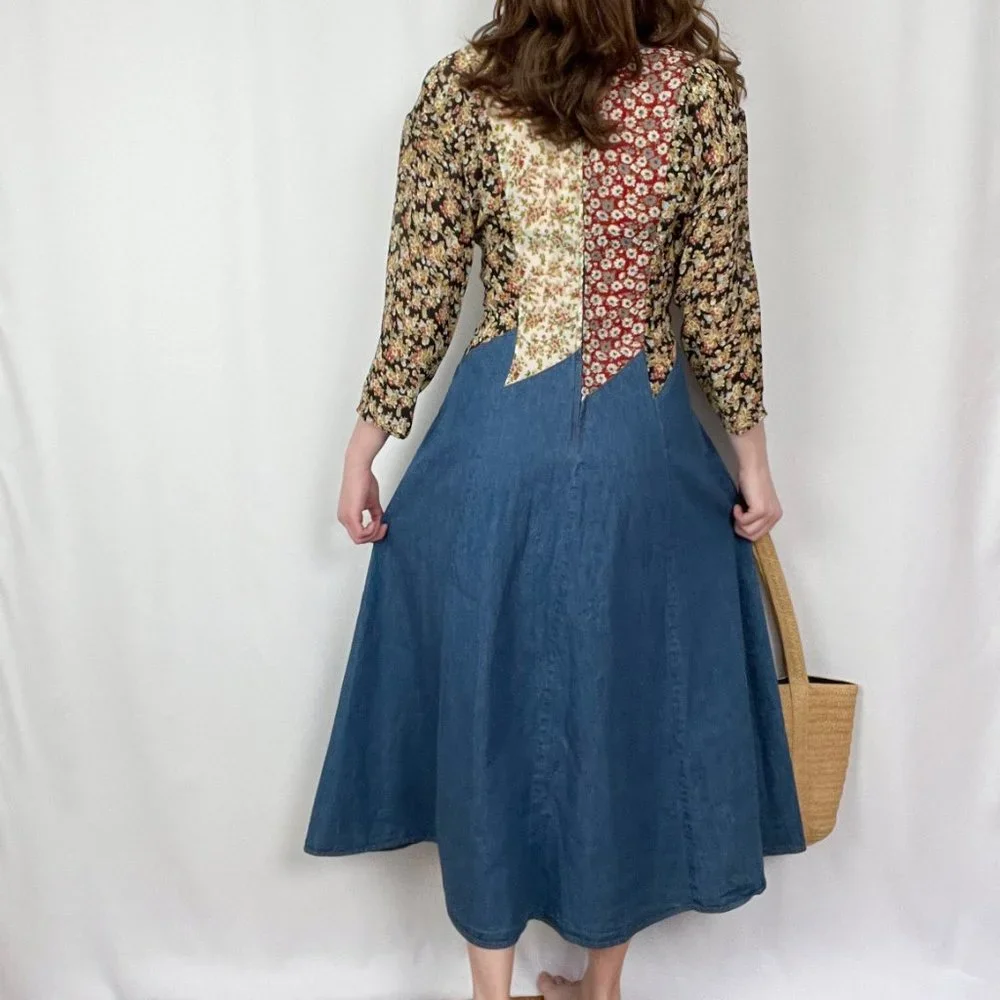 Stunning Vintage Cottagecore Patchwork Quilted Denim Midi Maxi Dress 70s 80s 90s - Picture 6 of 11